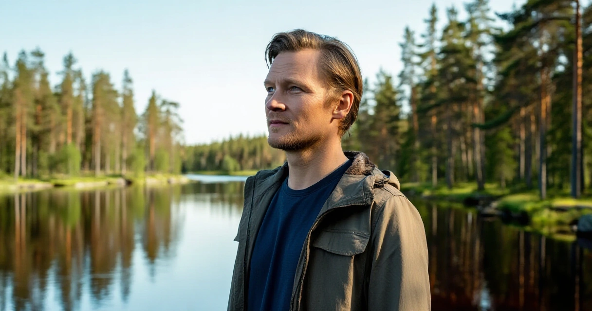 Suomalainen näyttelijä metsässä jokirannan äärellä luonnonvalossa